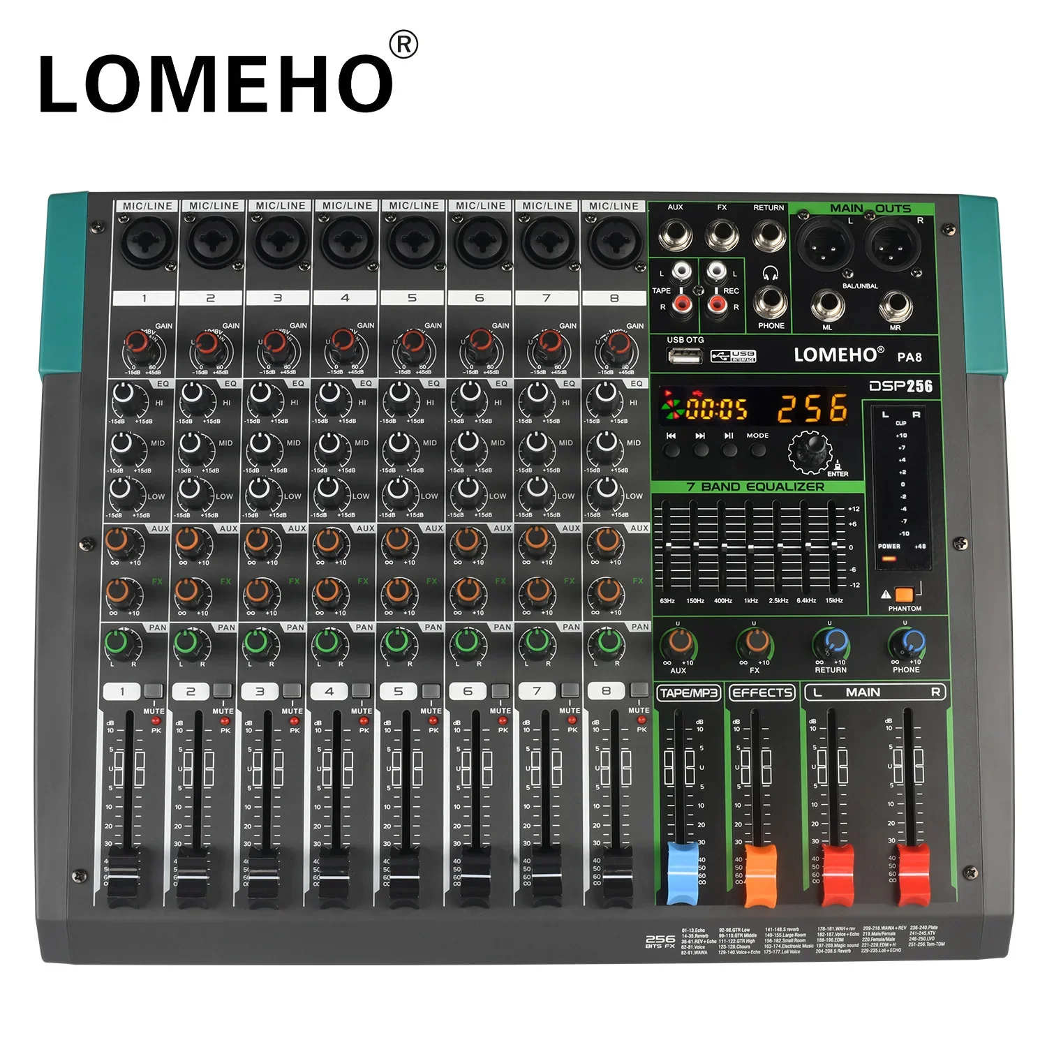 

LOMEHO 8 Channels Bluetooth Mixing Console 256 Digital Effects Sound Table Desk 7 Band EQ Audio Mixer 48V USB PC Play Record PA8