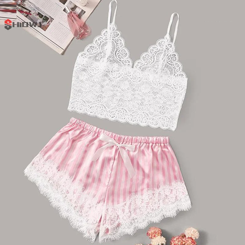 Two Pieces Set Women Pajamas V-Neck Sexy Lace Patchwork Suspender Shorts Satin Sleepwear Sleeveless Nightwear Suits