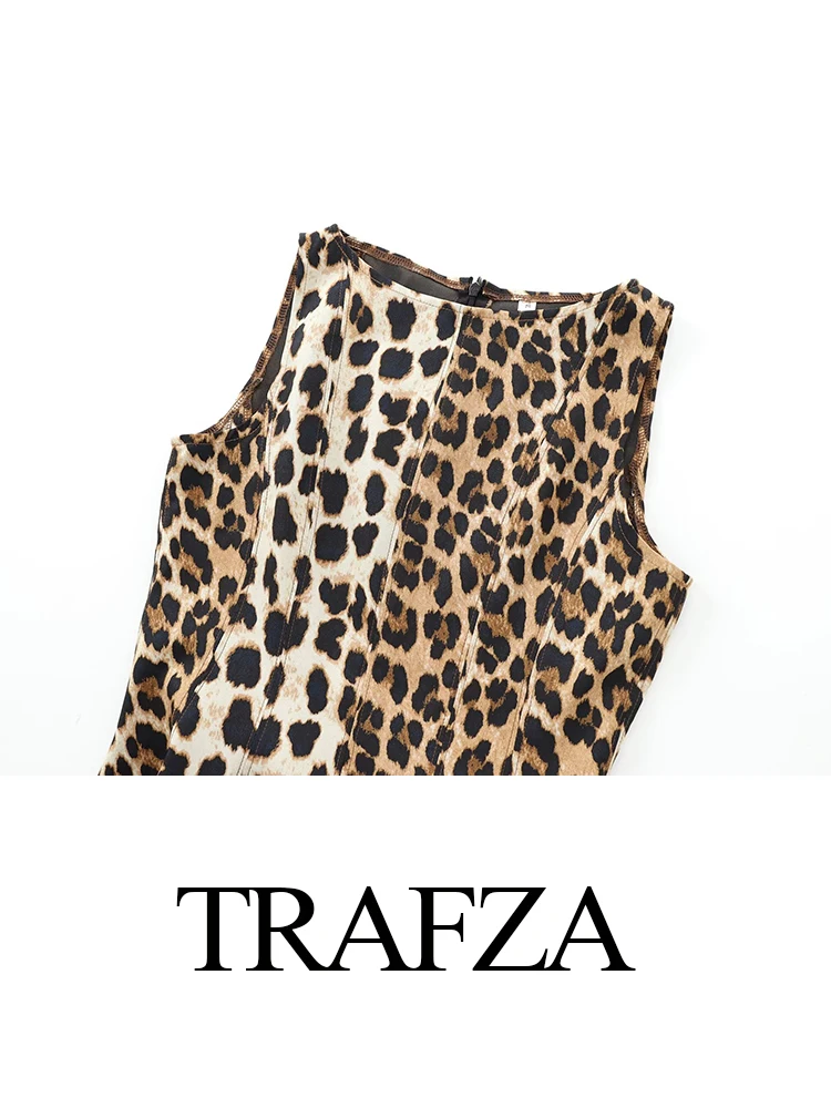 TRAFZA-Robe Plissée à Col Ras du Cou pour Femme, Série Rétro, Imprimé Animal, Chic, Sexy, Élégante, Nouvelle Mode