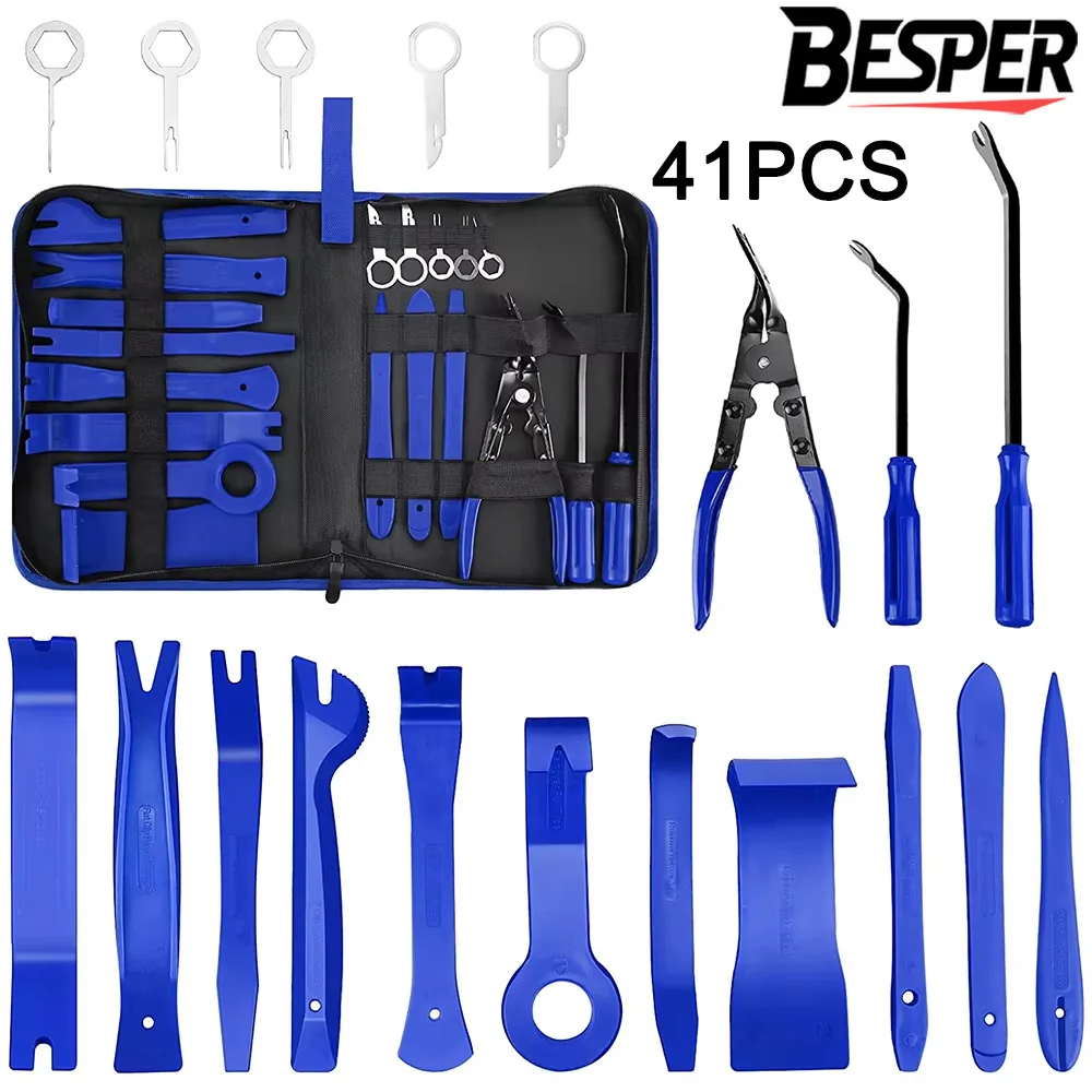 Juego de herramientas de desmontaje para coche de 41/11/5 piezas, alicates para clips, extractor de sujetadores, herramientas manuales para desmontar estéreos