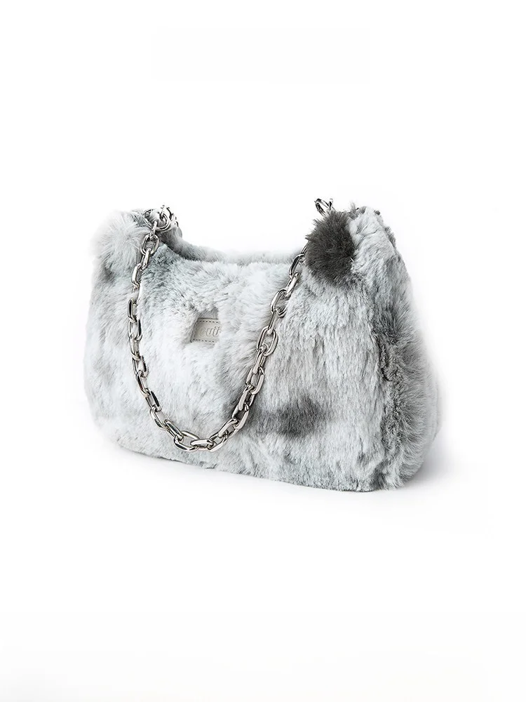 Guukahero Grey Dyed Underarm Bag Women's High-End Feelings Crossbody Plush Rabbit Fur Simulation Handbag Daily Use