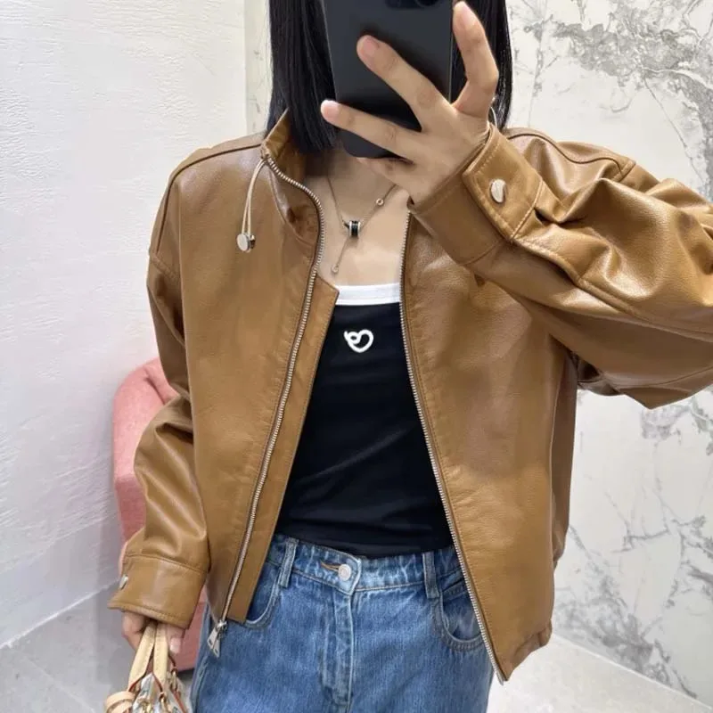 

Women's 100% Genuine Leather Jacket Stand Collar Cropped Bomber Jacket with Elastic Hem Pockets and Cuff Buttons for Spring Aut