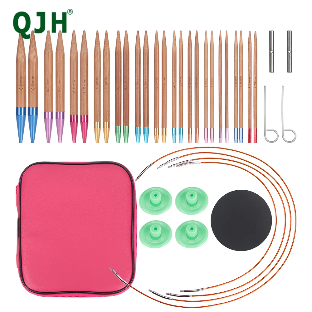 QJH 13 Pairs Interchangeable Bamboo Circular Knitting Needles Set (2.75mm-10mm) A Great Gift for Weaving Enthusiasts