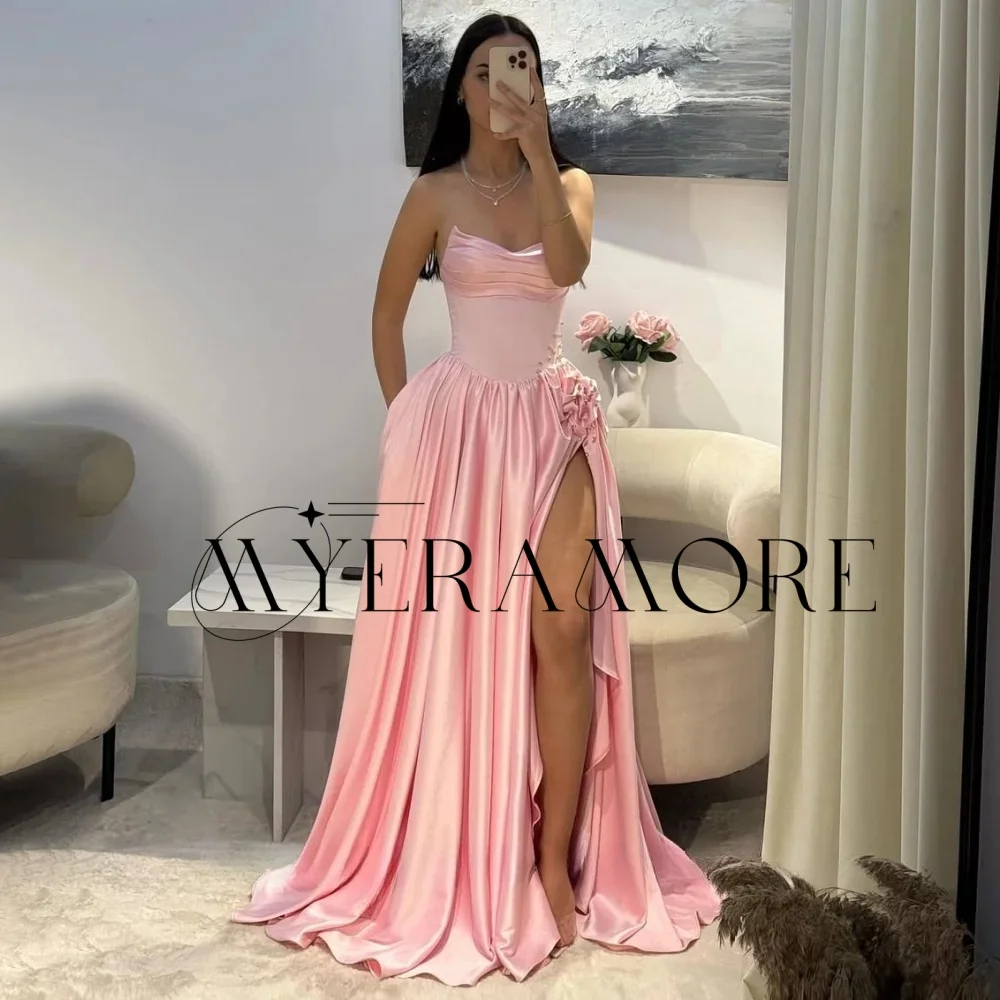 

Exquisite Strapless Evening Dresses Pink A-Line Flowers Side Slit Pleat Prom Dresses Customized robes de soirée