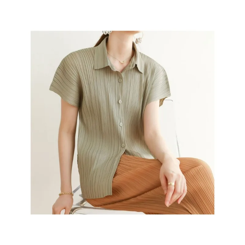 Miyake Pleated 2024 Summer New Solid Color Single Breasted Casual Shirt  Womens Tops