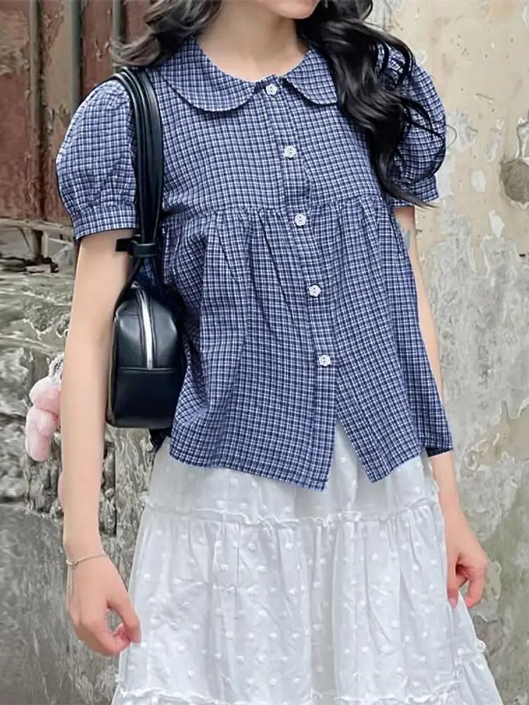 

VONDA летние женские рубашки 2025 модная клетчатая блузка с коротким рукавом с лацканами повседневные свободные туники топы винтажные клетчатые Blusas Femininas