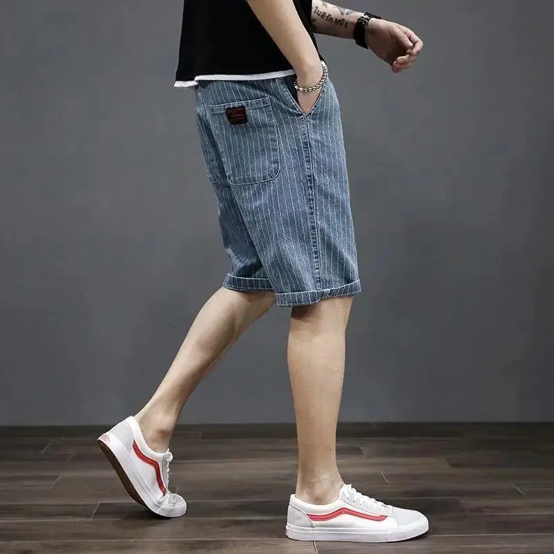 Men\'s Short Jeans Pants Long Big Size Stretch Male Denim Shorts Drawstring Half Bermuda Stripe Oversize With Vintage Blue