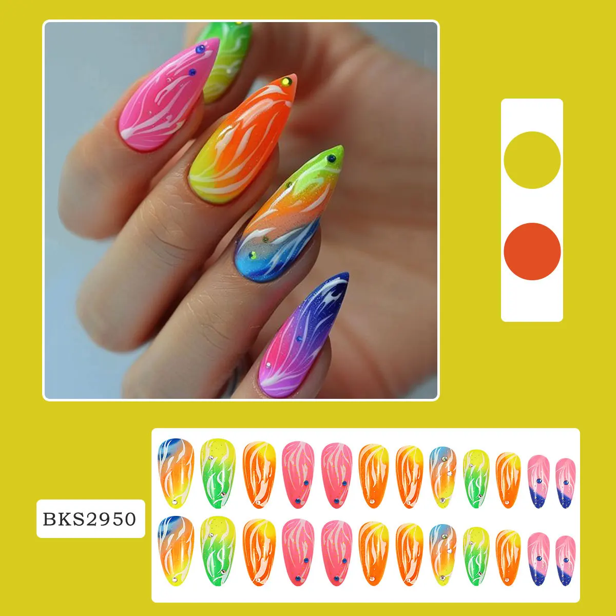 Press on Nails Long Stiletto False Nails Green Fake Nails Glitter Glue on Nails with Snake and Rhinestones Designs Almond Nails