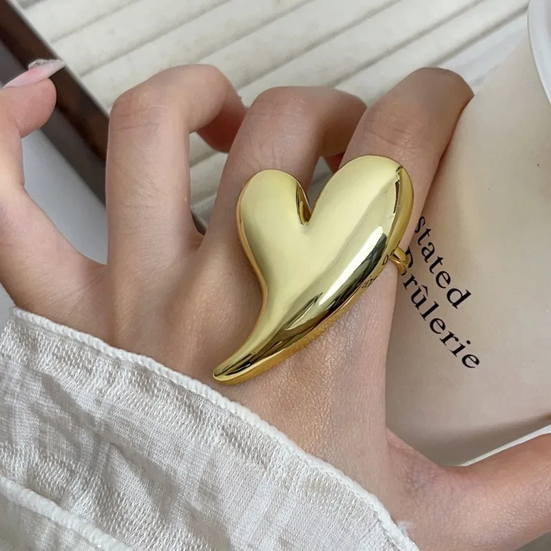 large heart ring for women metal jewelry shiny gold silver color cute unique design heart open ring female high end elegant