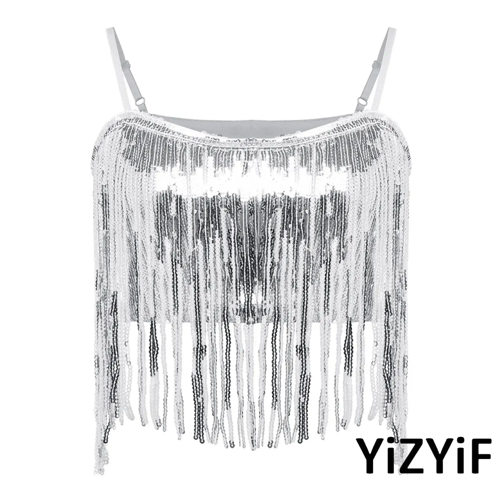 

Glittery Sequined Fringe Crop Camisole Top for Women Adjustable Spaghetti Straps Tassel Trim Sling Vest for Street Dancing Party