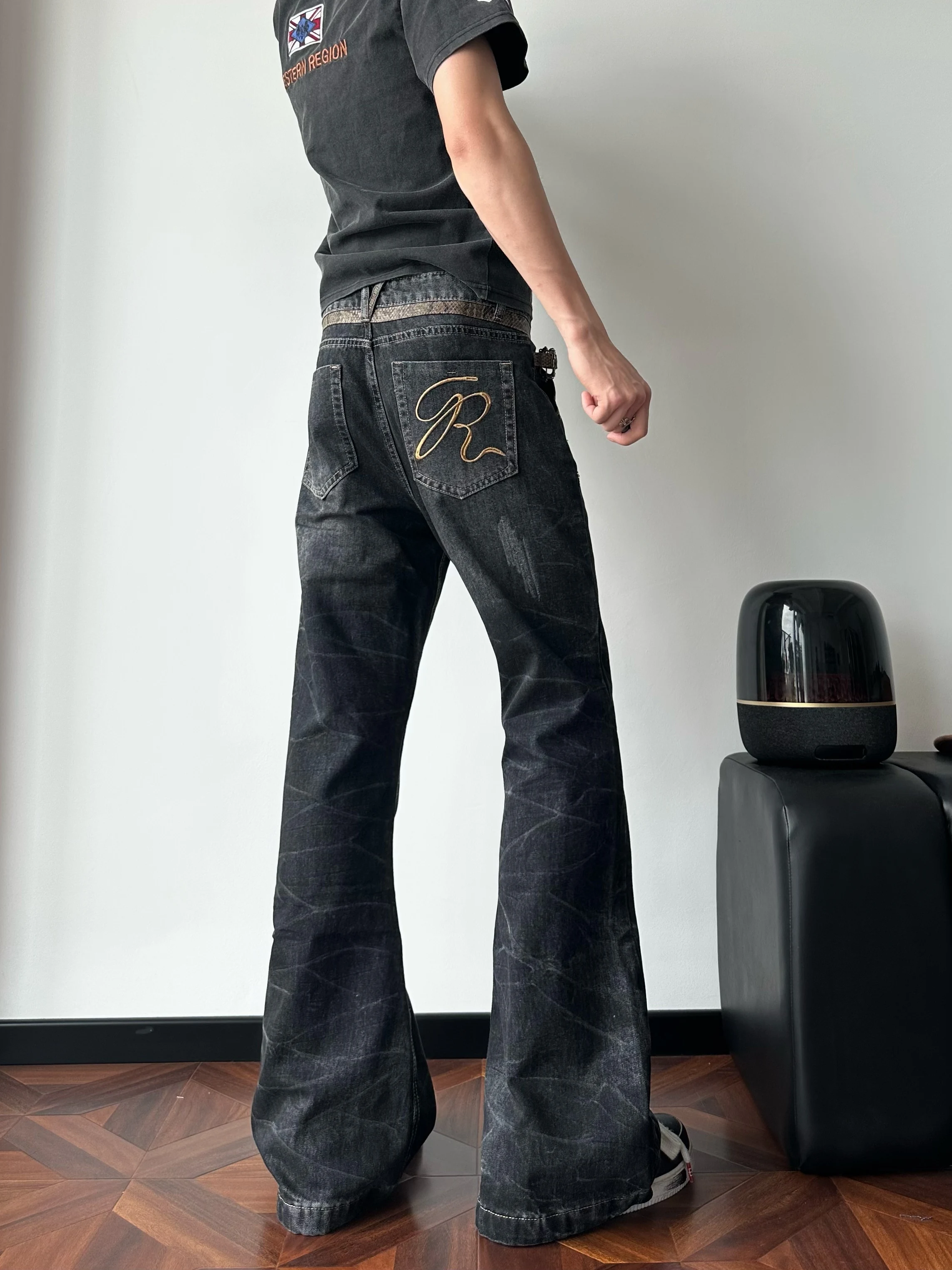 Snake Print American High Street Embroidered Flared Jeans Men's Subculture Design Slim Fit Bell Bottoms Trendy mid Waist Zipper