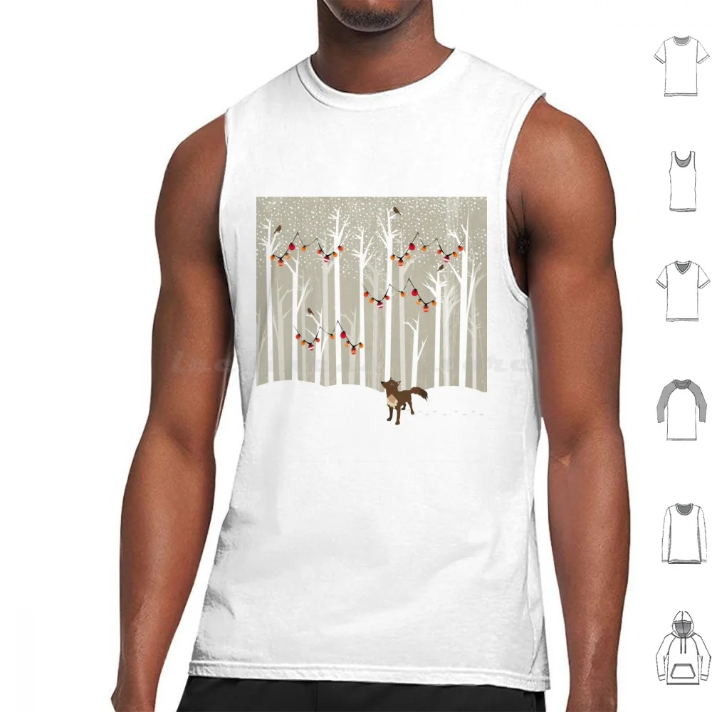 December Tank Tops Vest Sleeveless Winter Landscape Wolf Forest Holidays Christmas Tree Snow Snowflake Nature Bird White