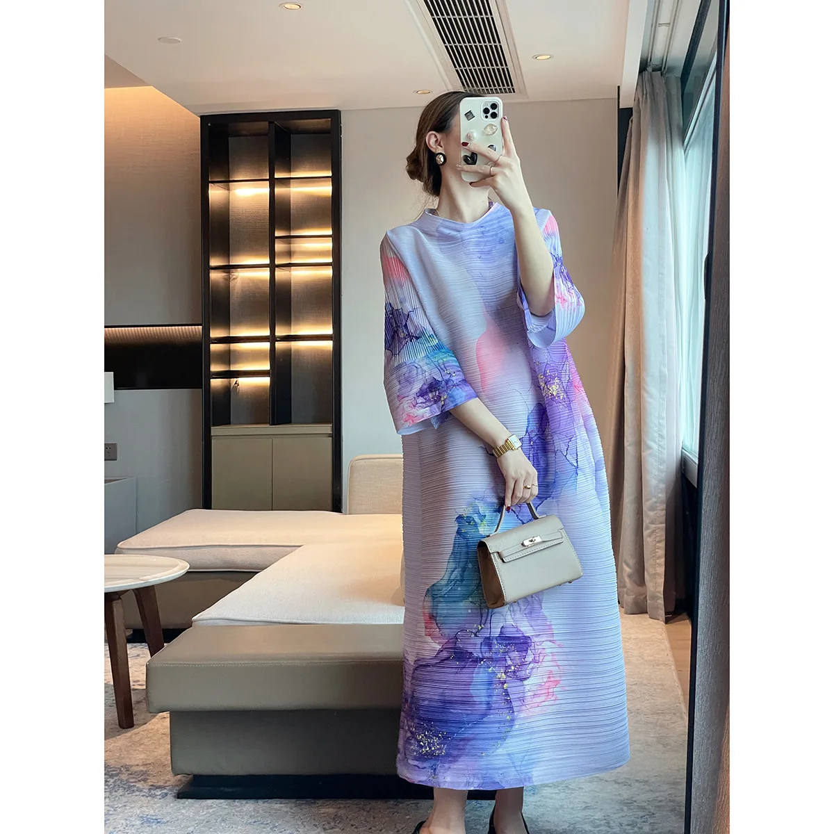 Miyake Pleats 2023 Autumn New Fashion Print High-end Sense Dress Temperament Elegant Loose Flesh Cover Long Skirt