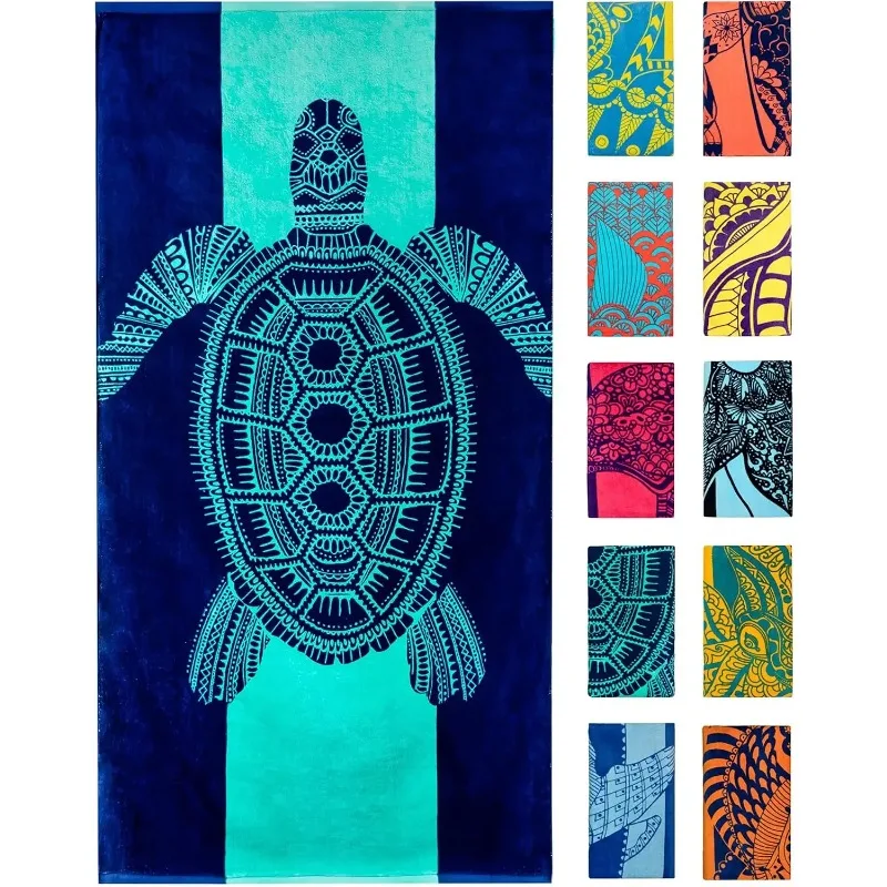 Turtle Lobster Beach Towels Tropical Animals Blue Unique Design Multiple Sizes Cotton Bath Towels Suitable for Kids and Adults