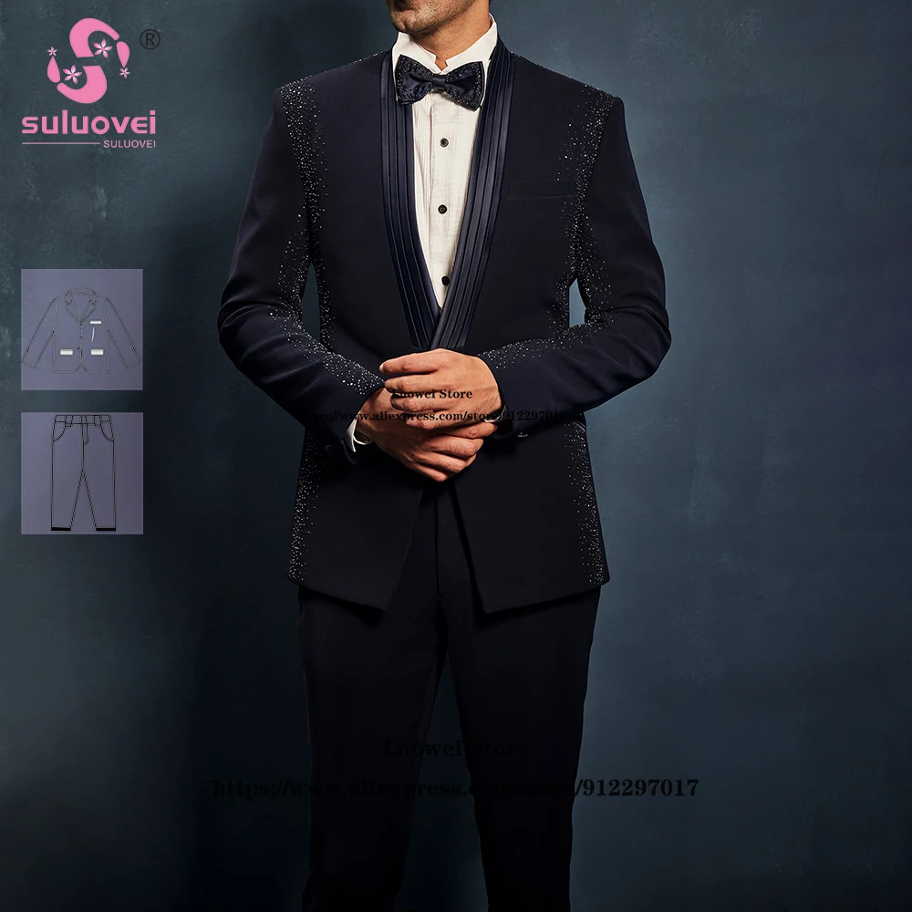 Luxury Sequin Slim Fit Suits For Men Elegant 2 Piece Jacket Pants Set Formal Groom Wedding Shawl Lapel Tuxedos Vestidos De Novia