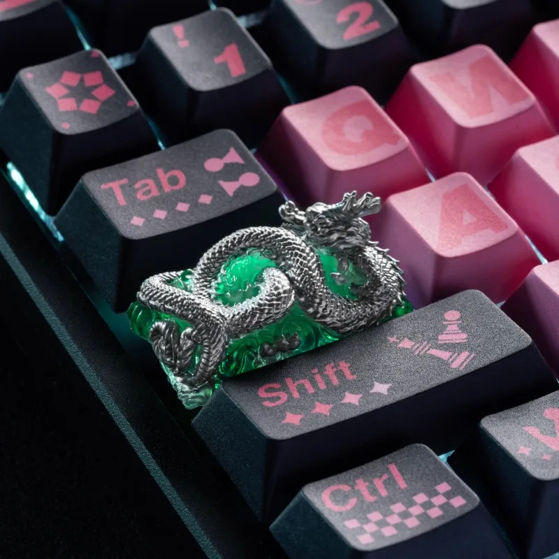 Jade Color Keycap Point 1.75U Silver Resin Custom Coiled Dragon Key Cap Mechanical Keyboard Accessory for Boys' Birthday Gifts