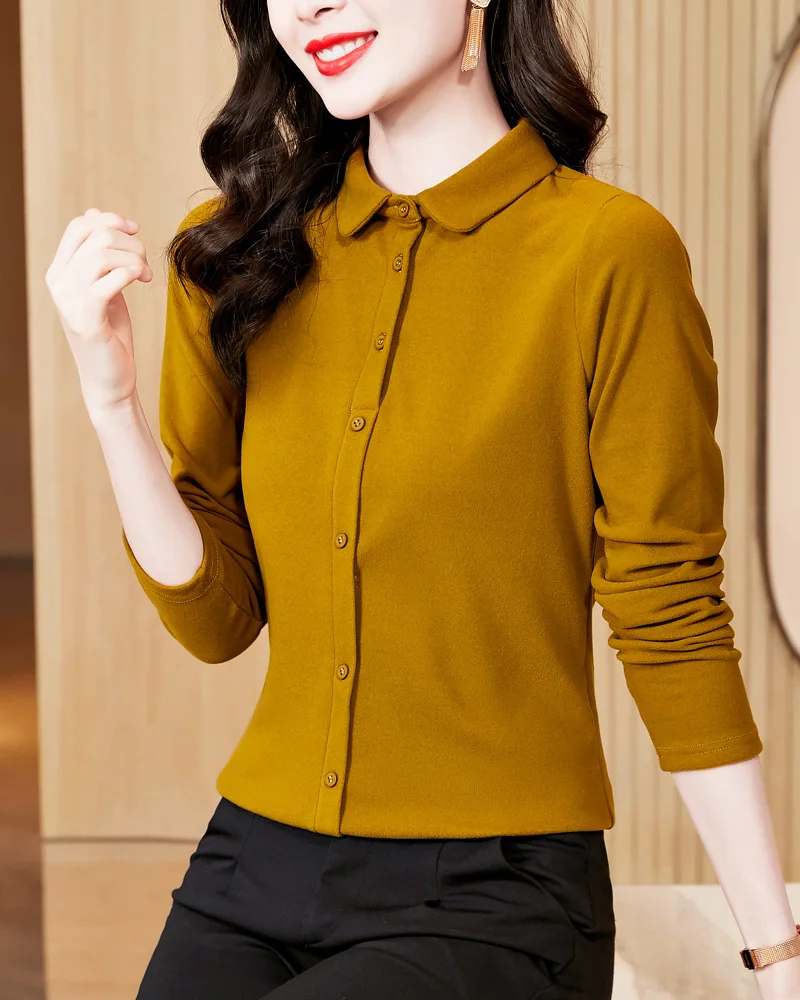 2024 All-match High Quality Turn-down Collar Chic Solid Female T-shirt Fall Slim Woman M-3XL Long Sleeve Button Eye-catching