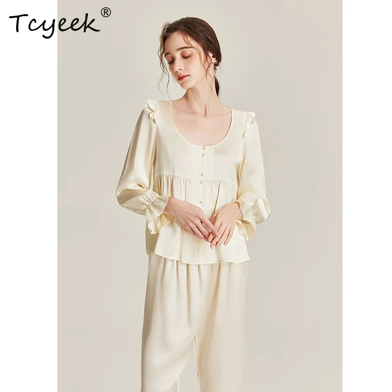 

Tcyeek 6A 16.5MM 100%Mulberry Silk Pajama Set,Women Round Neck Long Sleeves Pants,Comfortable Home Wear,Spring 2024 S41971QD