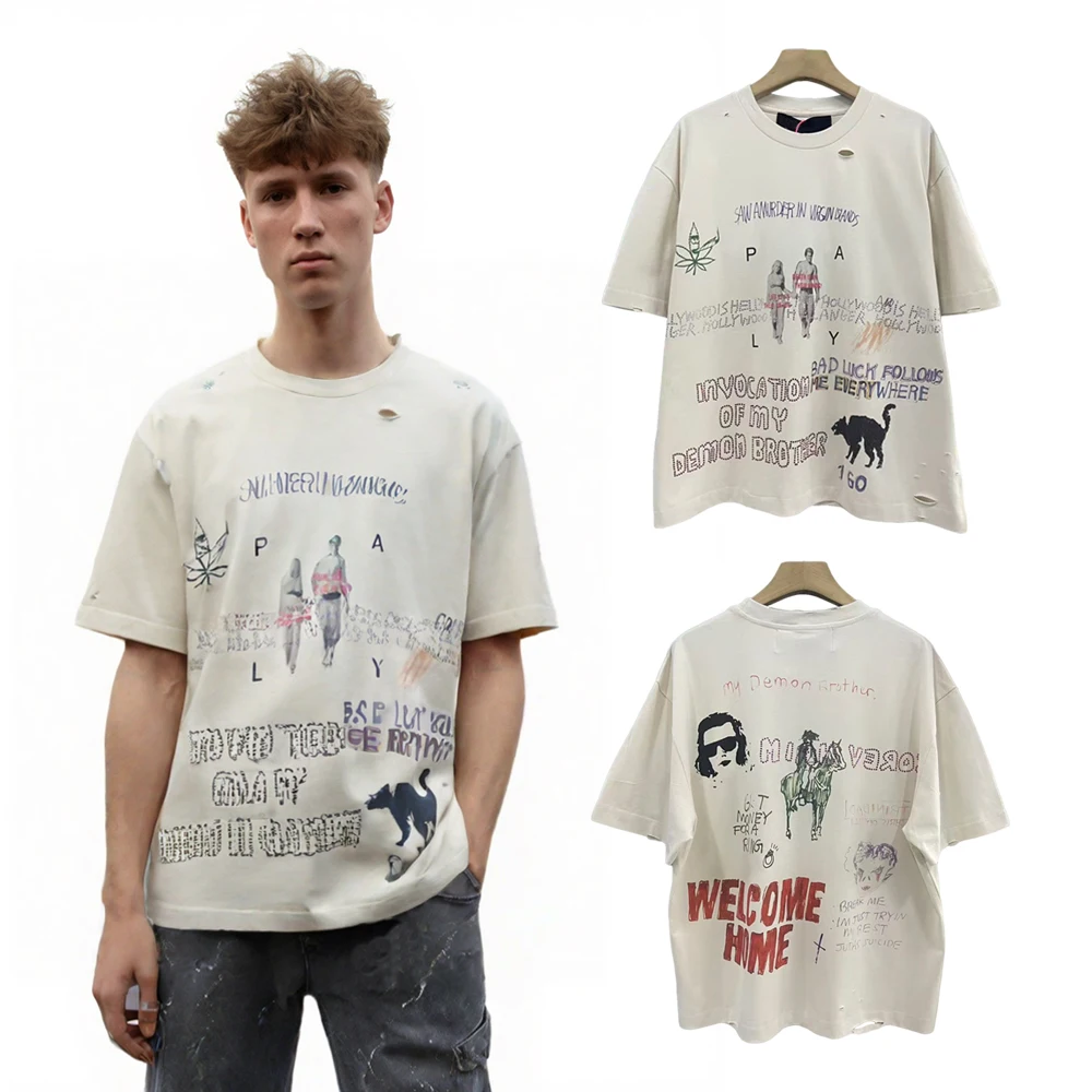 Streetwear Clothing Y2k Graffiti Printed T-shirts Hiphop Street Style Cotton Casual Retro Ripped Inappropriate Short Sleeve Tees