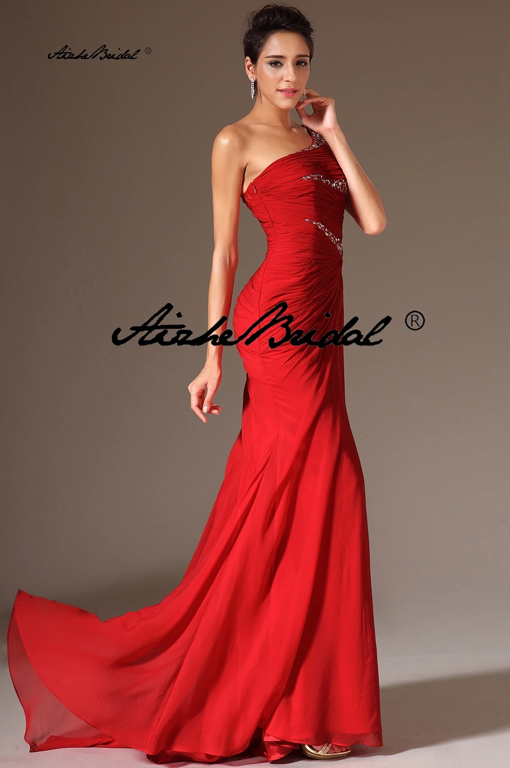 كتف واحد فستان المسابقة الأحمر مطرز فساتين السهرة الشيفون حورية البحر