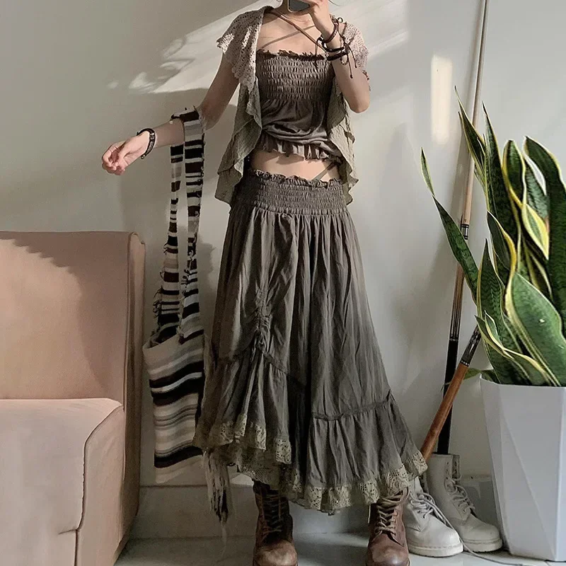 Pleated Skirts y2k Fairycore Ruffles Shirring Lace Trim Cute Midi Skirts Women Holiday Prepply Chic Skirts Korean Harajuku