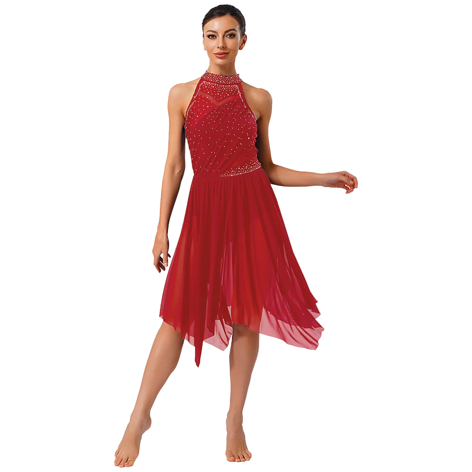 

Women Lyrical Dance Figure Skating Dance Performance Costume Halter Glittery Rhinestone Leotards Irregular Mesh Skirts Dress