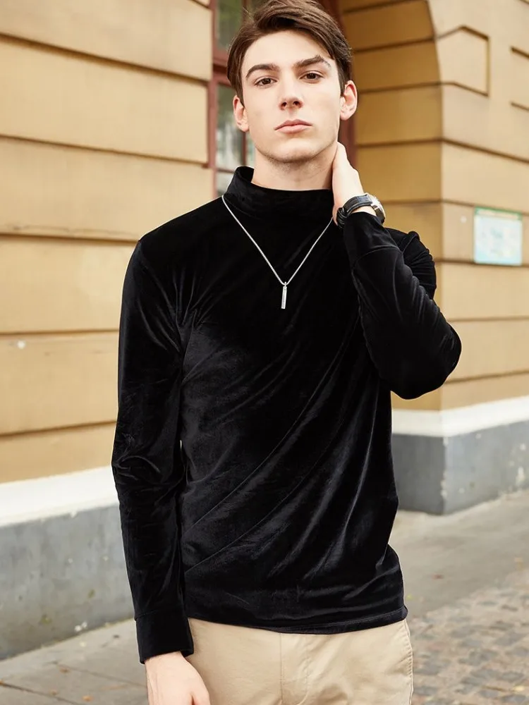Autumn Winter Mock Neck Velvet T Shirt Men Long Sleeve Slim Fit Comfortable Pullover Tees Top Solid Color Mens Casual T Shirts