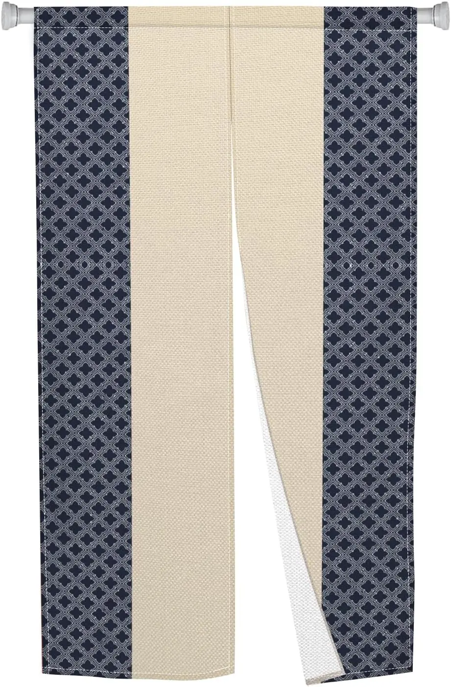 Japanese Minimalist Striped Door Curtain, Beige Linen Texture Background Navy Geometric Stripe Print, Serene Wabi-Sabi Decor