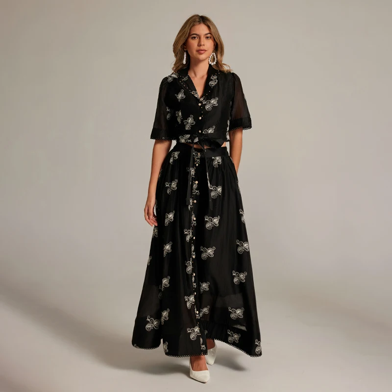 ชุดกระโปรงปักลายหนักหรือชุดสูทคอปกแบบแพทช์เวิร์ค ฤดูใบไม้ผลิ 2025 เสื้อผ้าแฟชั่นผู้หญิง/ชุดนักเรียน