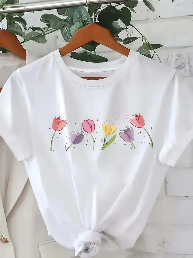Cottagecore Tulip Flower Print T Shirt Women Aesthetic Minimalist Floral Graphic Tees Summer Vintage Casual White Tops Botanical Clothing