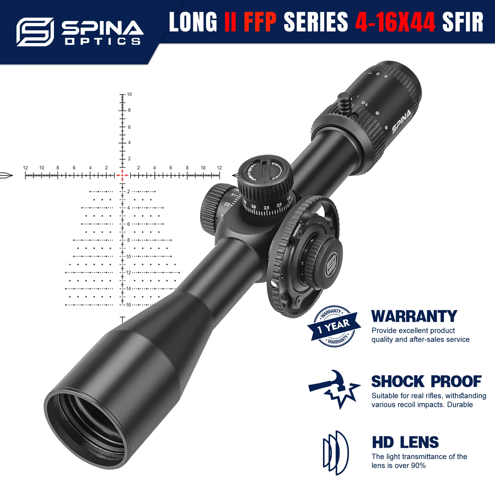 SPINA OPTICS HD 4-16x44 FFP First Focal Plane 1/10 MIL 10yds To Infinite Side Parallax Hunting Rifle Scope Real Firearms.308 etc