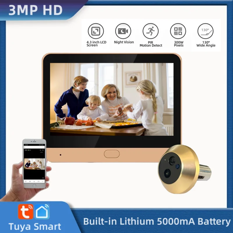 3MP Smart Life Outdoor Wireless House Door Peephole Video Eye Camera 2.4G Wifi Night Viewer Security Home Door Camera With LCD