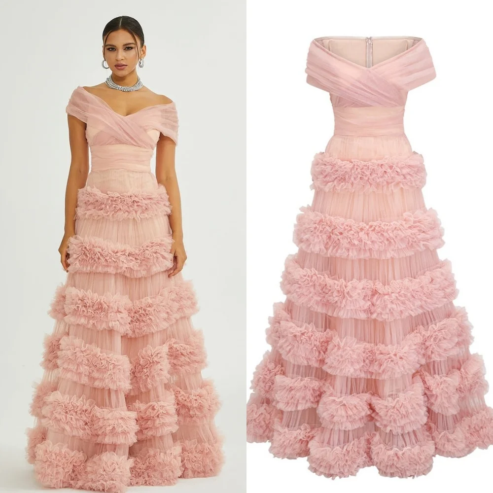 

Customized High Quality Intricate Tulle Tiered Pleat A-line Off-the-shoulder Long Dresses Bespoke Occasion Dresses Modern Style