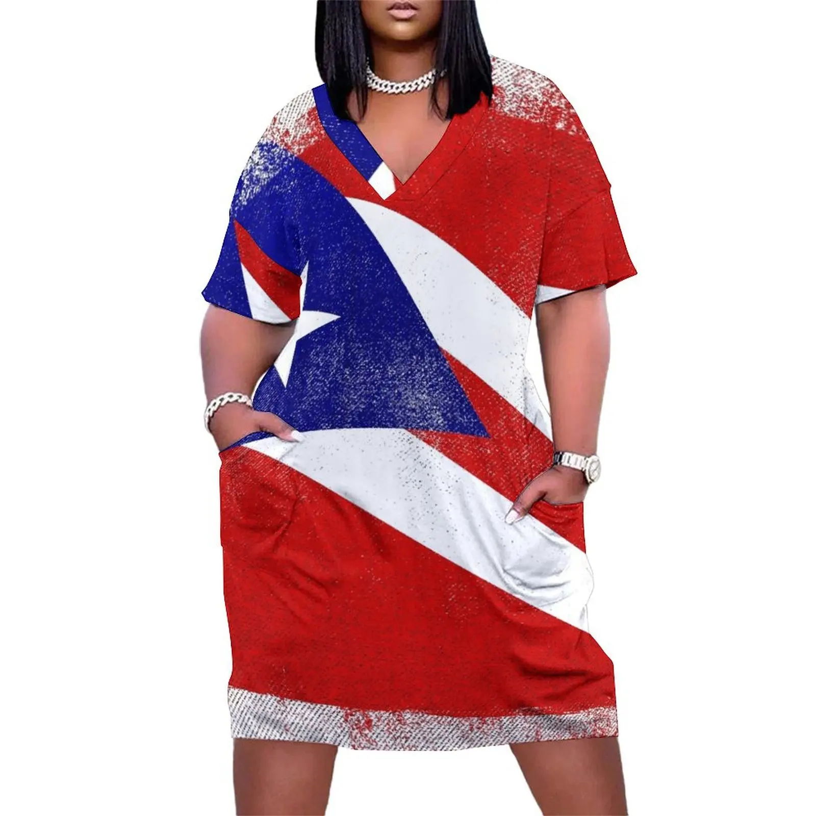 

Puerto Rican Distressed Halftone Denim Flag Loose Pocket Dress Women's skirt evening dress woman summer dress woman 2025 trendy