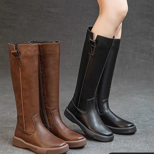 

Slimming Effect High-Tube Knight Boots Women's Fleece-Lined Genuine Leather Thick Bottomed Rubber Sole All-Season Boots