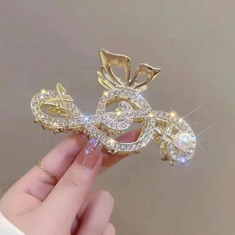 مقاطع شعر أنيقة على شكل مذكرة موسيقية للنساء ، ديكور فاخر من حجر الراين ، مخلب ذيل حصان للفتيات ، ملحقات أغطية الرأس #3