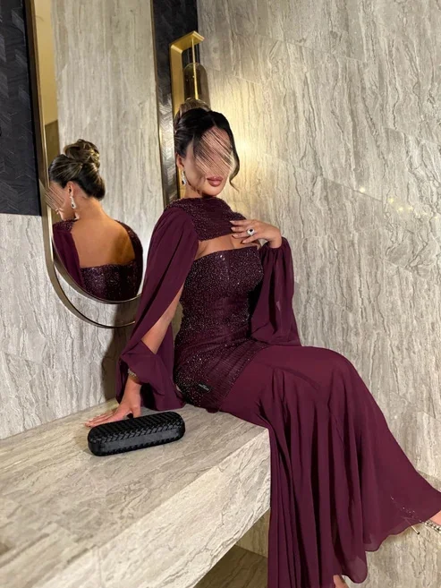 Wishah Customized Mermaid Elegant Luxurious Burgundy Chiffon Evening Dress Square Neck Flare Sleeve Floor Length Formal Gowns