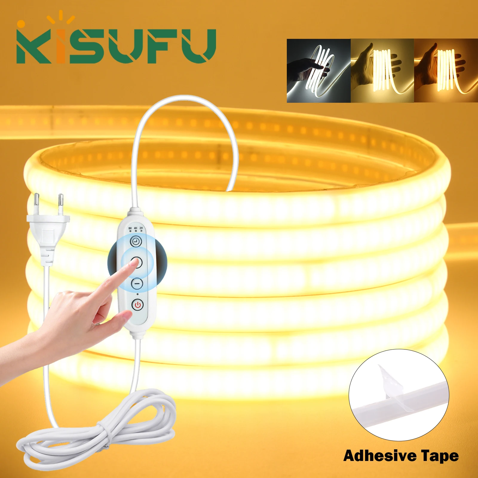 220V Dimmable COB LED Adhesive Strip With Dimmer/Switch White Warm Natural Flexible Ribbon Tape 240LEDs/M Indoor Outdoor Decor