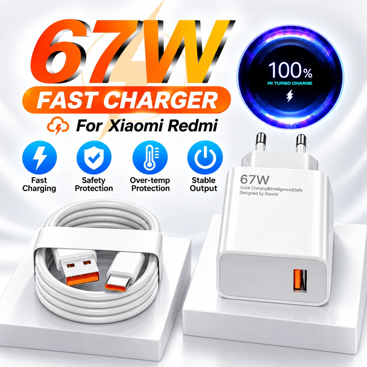 67W 6A USB Fast Wall Charger Type C Charging Cable for Xiaomi 14 13 12 11 Ultra Redmi Note 13 12 11T 10 Pro POCO X5 Turbo Charge