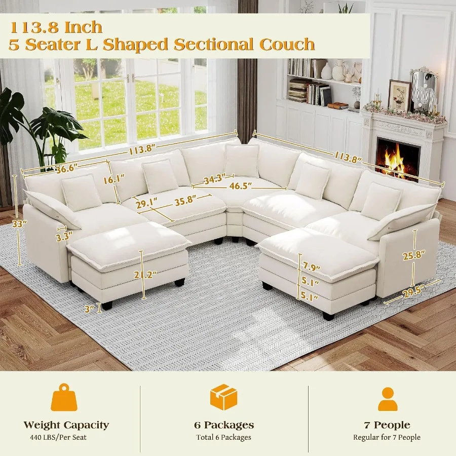 Modular Sectional Sofa, Cloud Couch for Living Room, Modern Deep Seat Sofa Chenille Fabric Comfy Couches with Throw Pillows and