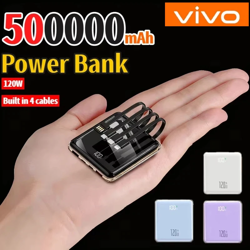 

Внешний аккумулятор VIVO 500000 мАч с 4 встроенными кабелями, большой емкости, супербыстрая зарядка для iPhone Samsung, новинка 2026 года