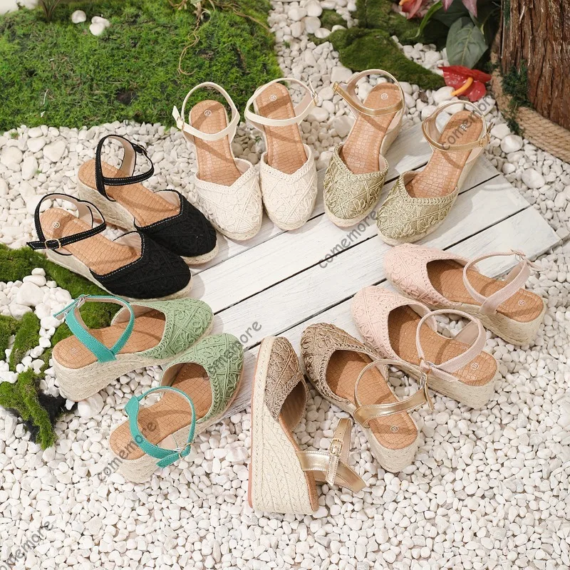 2026 New Summer Women's Crochet Espadrille Wedge Sandals Ankle Strap Breathable Woman Behemian Footwear Vocation Fashion Shoes