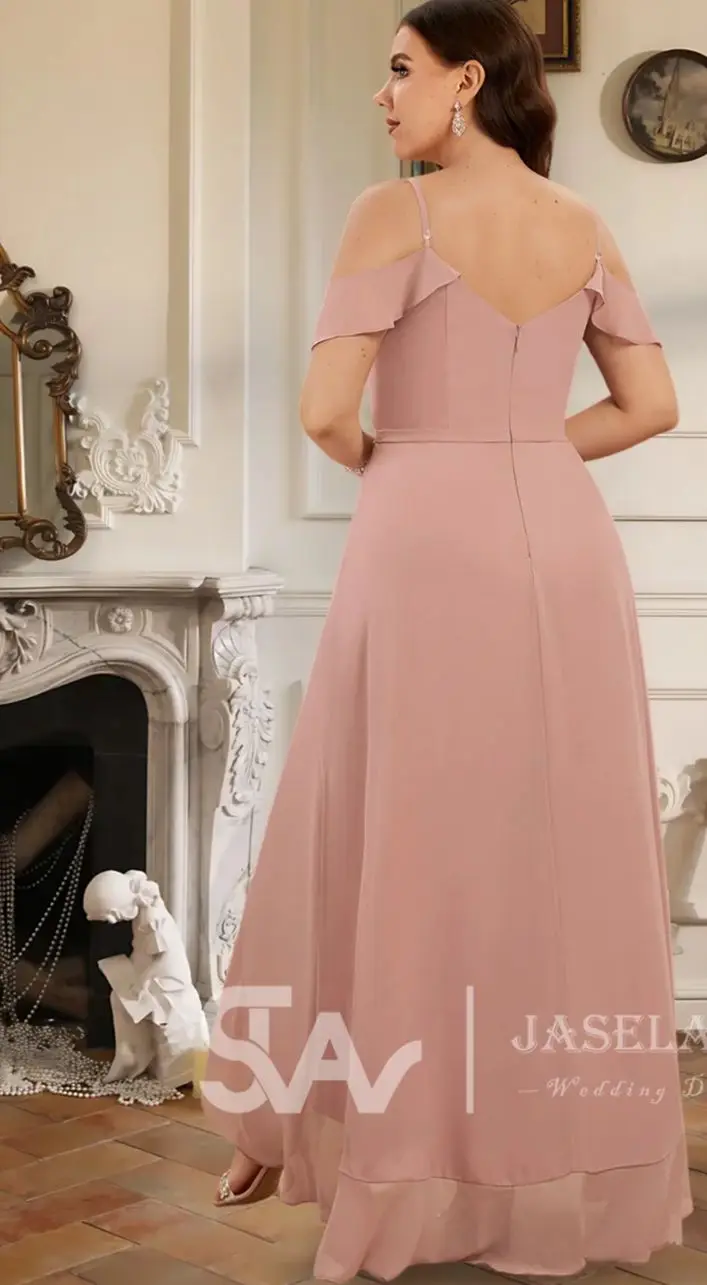 GHK Bridesmaid Dresses A-Line V-Neck Asymmetrical Chiffon Cascading Ruffles Wedding Guest Evening Party Cocktail Dress Women
