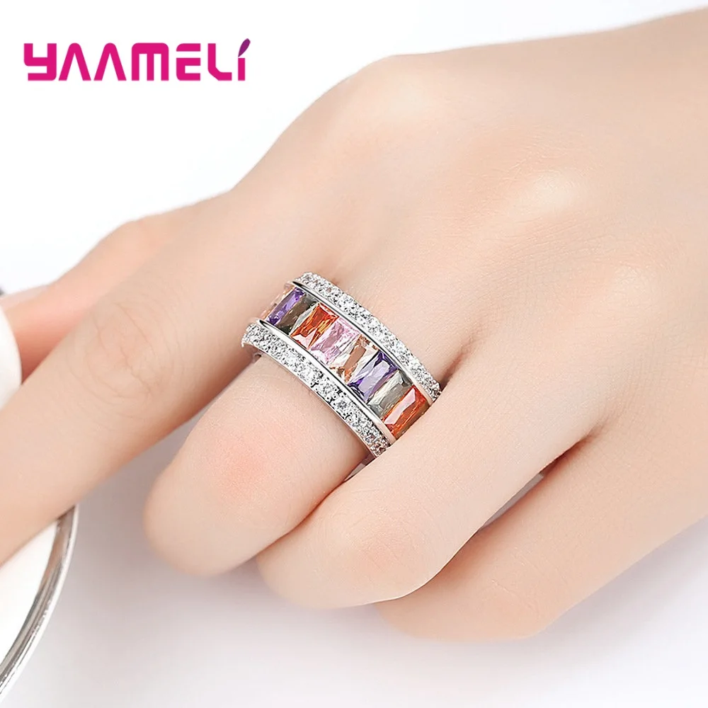 Ring for Women Ladies Statement Wide 925 Sterling Silver Band Baguette Princess Cut Rainbow Cubic Zirconia Jewelry Drop Shipping