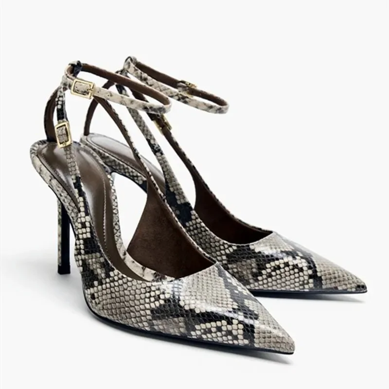 Zapatos de tacón sexis con punta estrecha para mujer, sandalias con correa en el tobillo, diseño de serpiente, zapatos elegantes de oficina, zapatos de fiesta, tacones altos de marca a la moda para mujer
