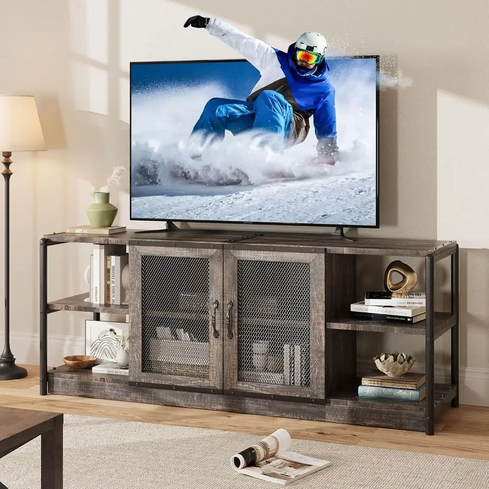 

armhouse TV Stand or 65/75 in TVs, Industrial TV Cabinet with 2 Mesh Doand 4 Shelves, Vintage TV ole or Living Room, Bedroom, Ru