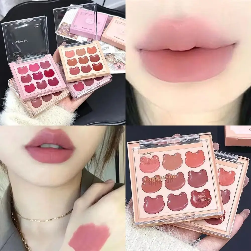 9-Color Bear Lip Mud Smooth Texture Easy To Apply Matte Lipstick Palette Waterproof DIY Combinations Rose Red Lip Gloss Makeup