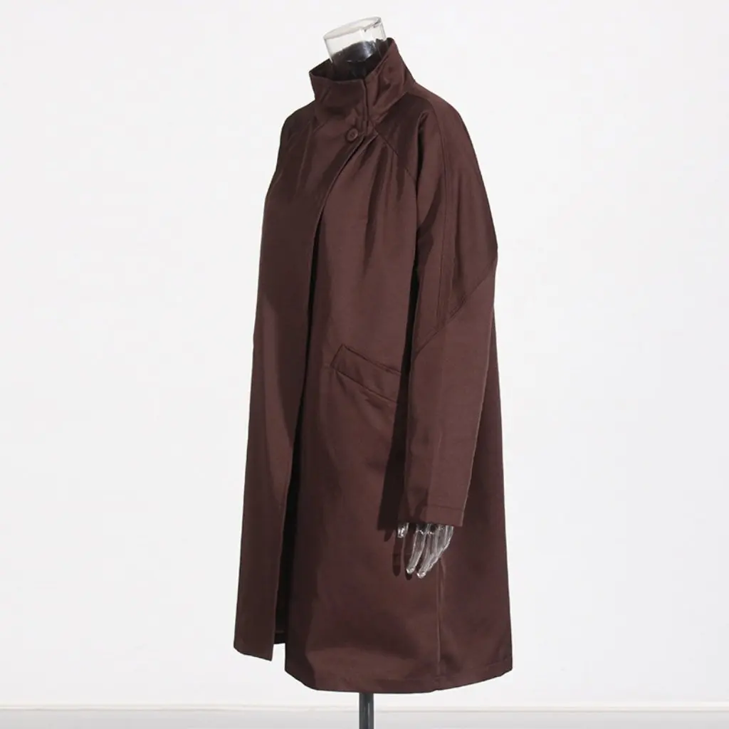 

Women's Retro Style Pure Color High-End Jacket Elegant Stand Collar Loose Casual Long Windbreaker Autumn Trend