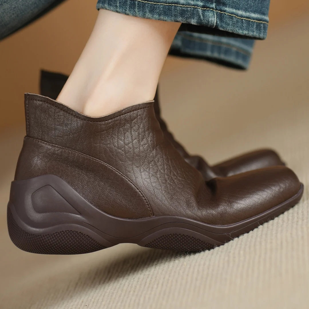 

Women's sheepskin square toe side zip flat autumn ankle boots high quality soft comfortable casual female short booties shoes 40