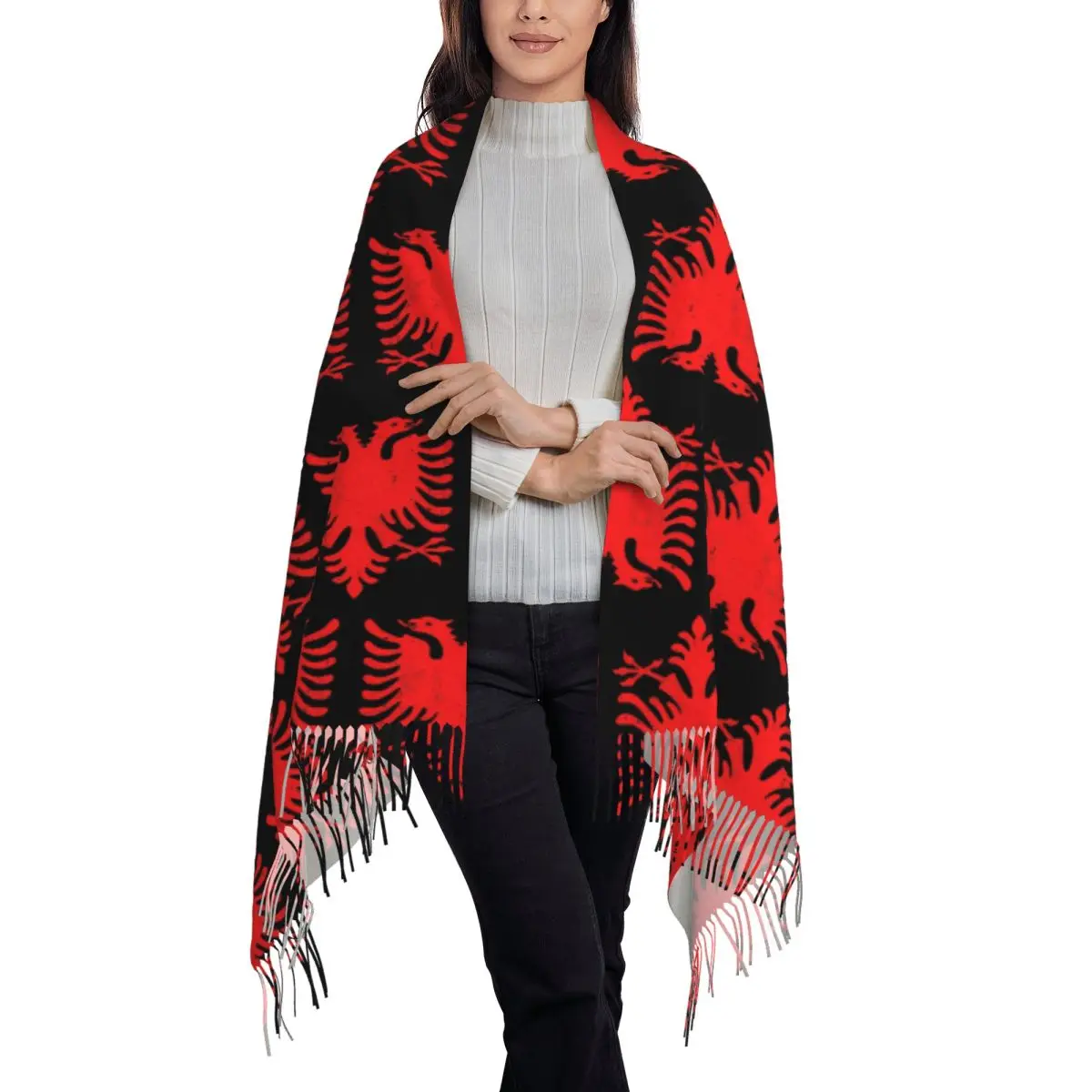 Retro Albania Flag Scarf Tassel Scarves for Women Soft Warm Shawls and Wraps Long Fall Winter Shawl Wrap